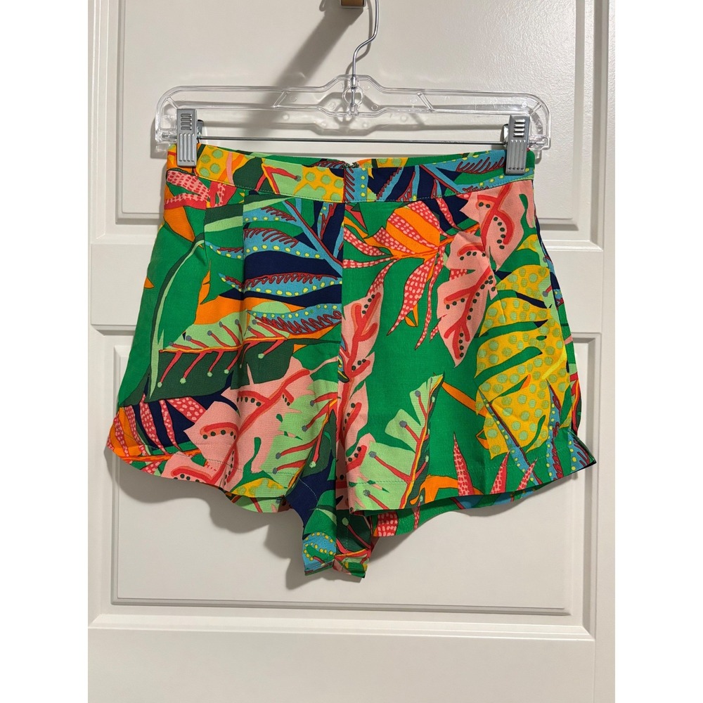 Olivaceous Tropical Print Shorts Womens Small Green Multicolor High Rise Mini